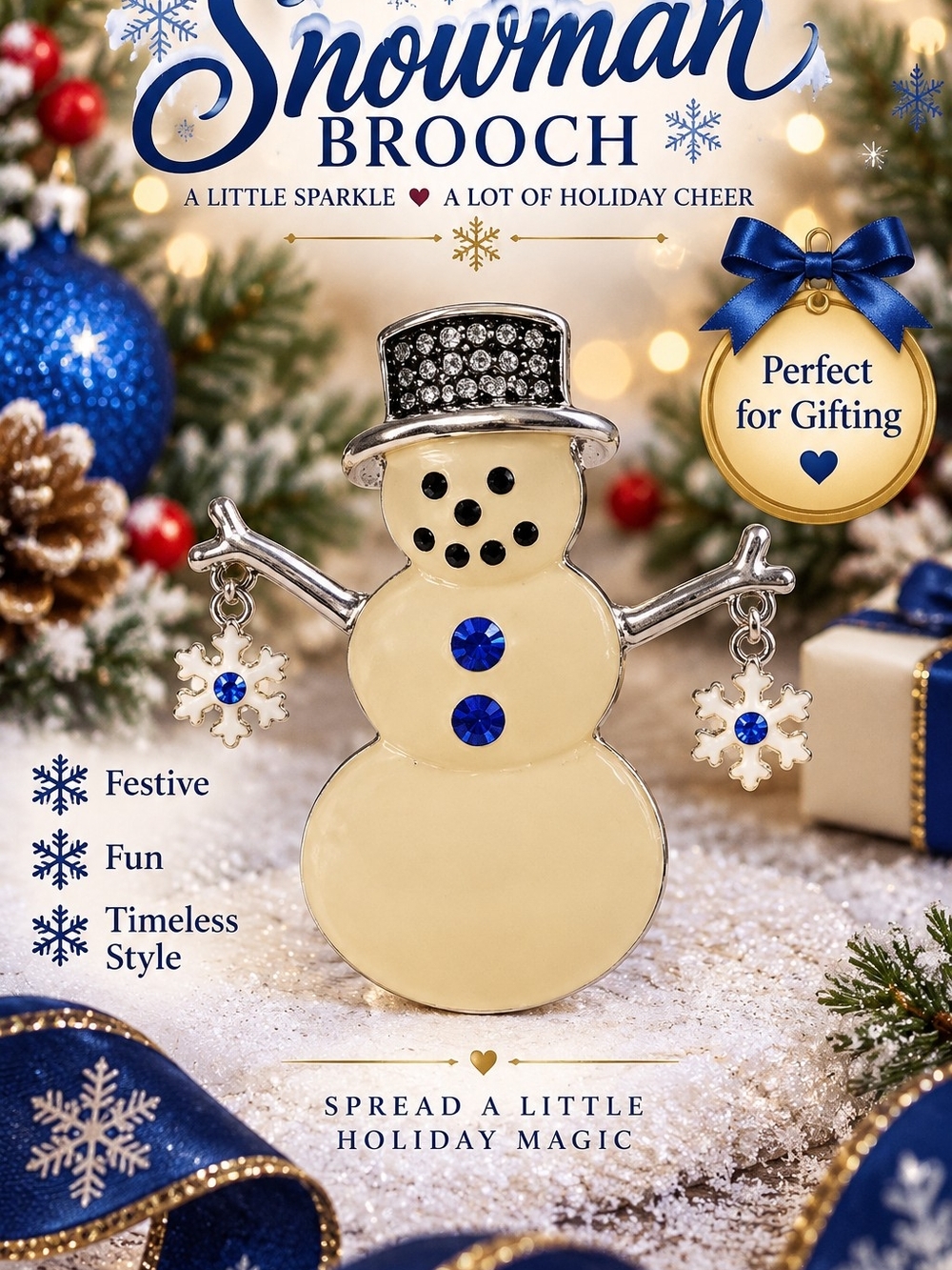 617 Festive Snowman Brooch Pin - Cream and Blue Holiday Accent